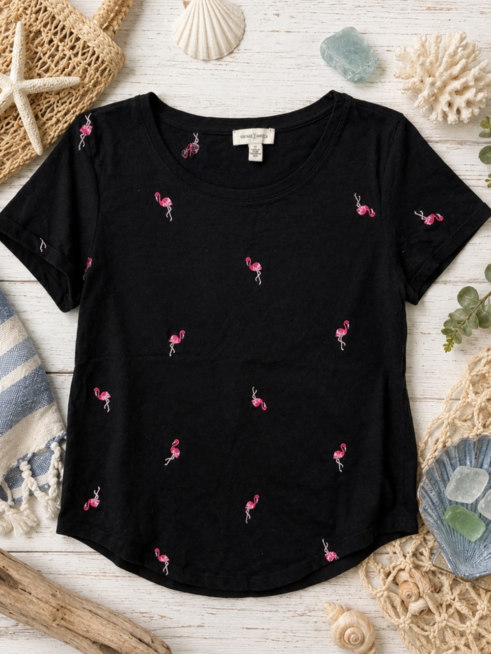 Vintage‎ America Black Flamingo Embroidered Tee Shirt Small Cute Novelty Top